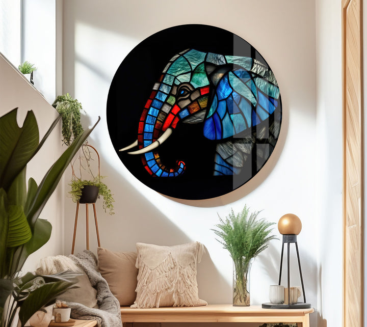 Blaue Elefanten-Wandkunst aus Buntglas – Farbenfrohes Tier-Glasdruck-Design