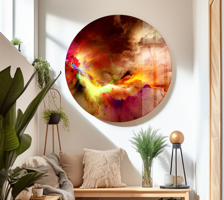 Fiery Nebula Explosion Wall Art – Abstract Cosmic Storm Glass Print Decor