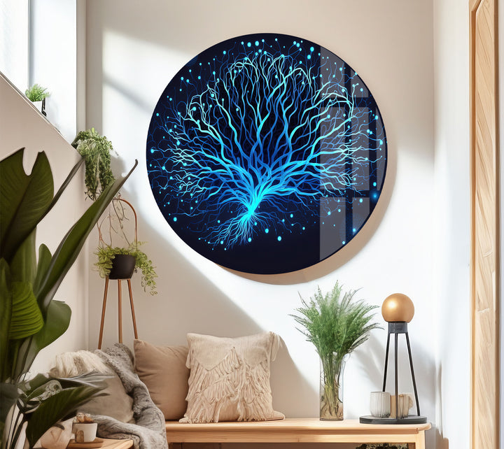 Neural Tree Wandkunst – Futuristischer blauer Nervenmuster-Glasdruck für elegante Innenräume