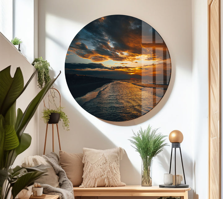 Golden Sunset Ocean Wall Art – Moody Coastal Landscape Glass Print