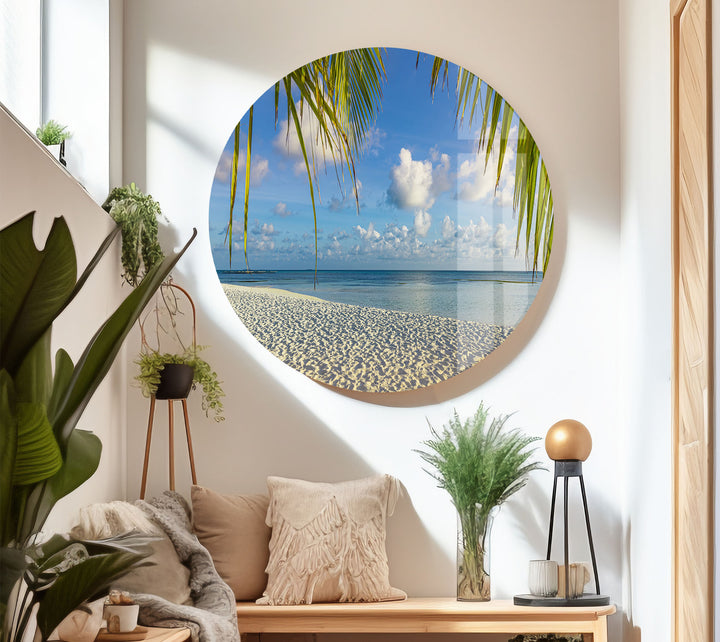 Tropical Palm Beach Wall Art – White Sand and Ocean Glass Print for Coastal Decor