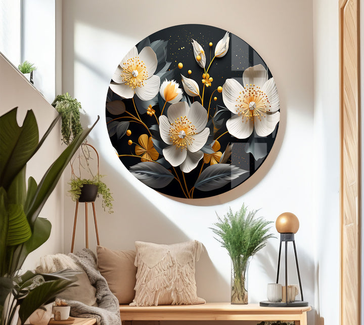 Elegant Bloom Glass Wall Art – White & Gold Floral Design