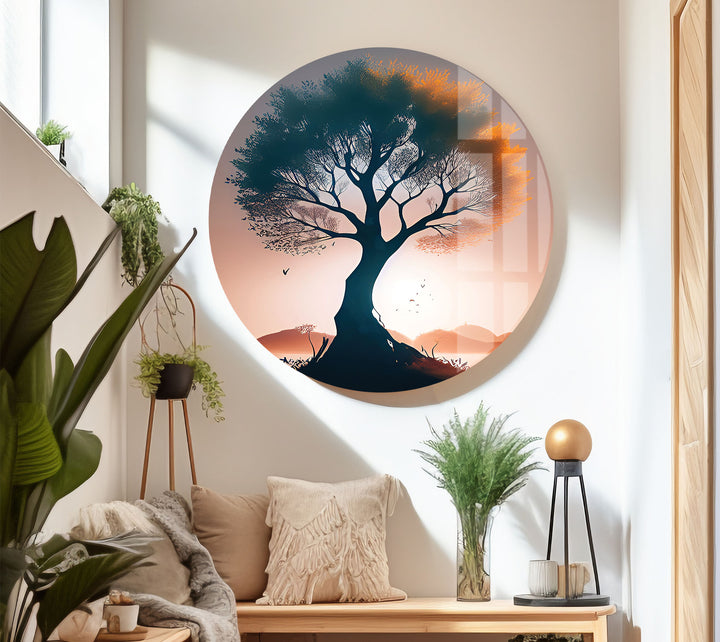 Sonnenuntergang Baum des Lebens Wandkunst – Silhouette Insel Glasdruck Dekor