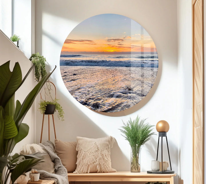 Golden Horizon Ocean Wall Art – Peaceful Sunset Beach Scene Glass Print - MyPhotoStation