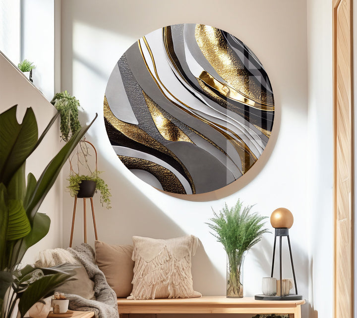 Luxuriöse Wandkunst in Silber und Gold – Abstrakter Glasdruck für Innenräume 