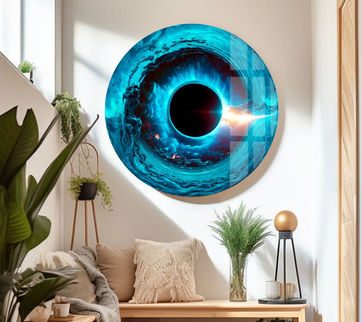 Wandkunst mit kosmischem schwarzen Loch – Blaues Wirbel-Galaxie-Glasdruckdekor 