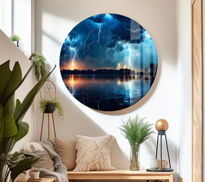 Lightning Storm Over Lake Wall Art – Dramatic Thunderstorm Glass Print