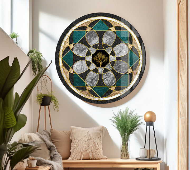 Wandkunst mit heiliger Geometrie, Baum des Lebens – Moderne Glasplatte mit goldenem Mandala-Design