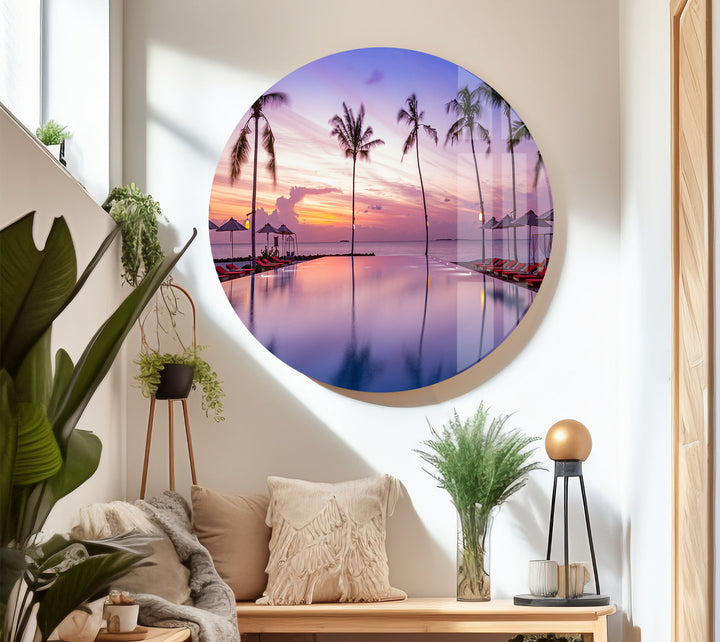 Tropical Sunset Pool Wall Art – Palm Tree Reflection Glass Print for Relaxed Interiors