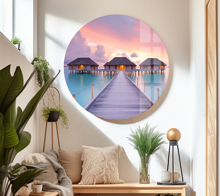 Wandkunst „Überwasserbungalows“ – Glasdruckdekor „Tropischer Sonnenuntergang“ 