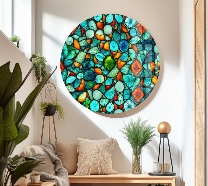 Lebendige Buntglas-Wandkunst – Abstraktes Mosaikmuster in Türkis und Orange