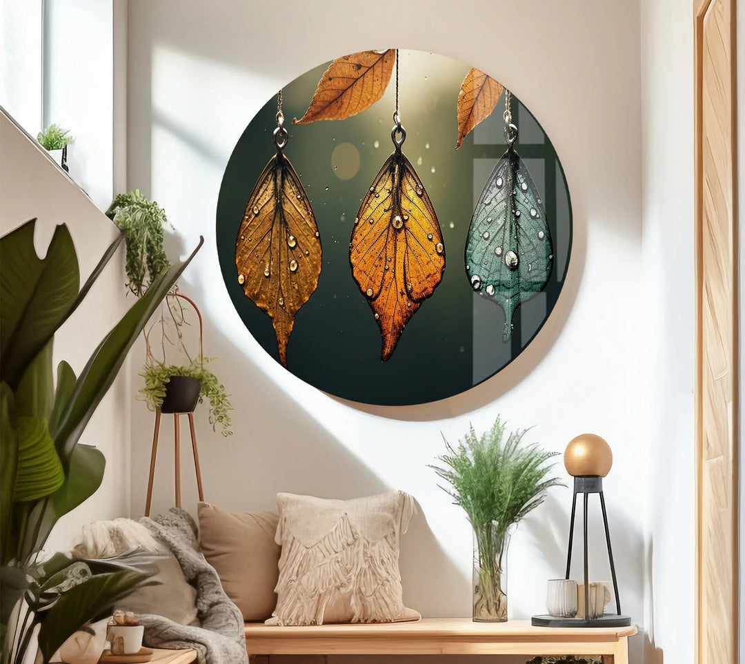 Autumn Dew Leaf Wall Art – Elegant Nature-Inspired Print with Golden & Teal Hues - MyPhotoStation
