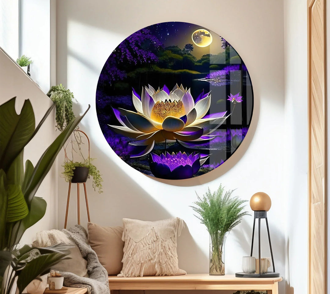 Moonlit Purple Lotus Glass Wall Art – Mystical Night Bloom Floral Print - MyPhotoStation