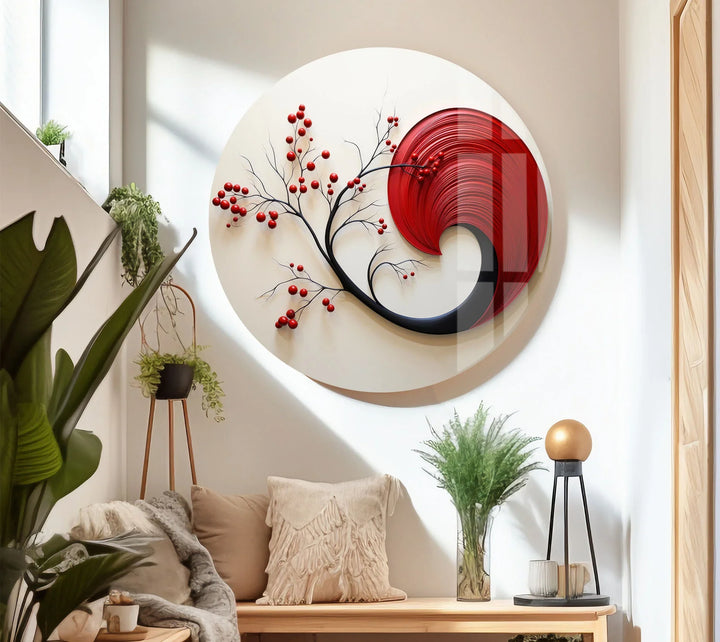 Red Abstract Botanical Wall Art – Modern Glass Decor with Cherry Elements - MyPhotoStation