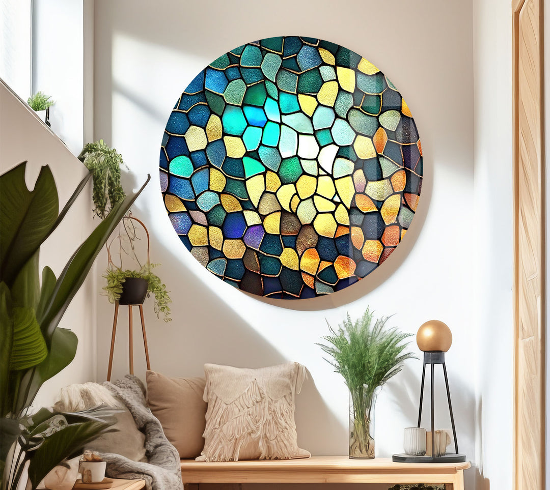 Moderne Wanddekoration aus Buntglas – Abstraktes Mosaikmuster in Blau und Gold
