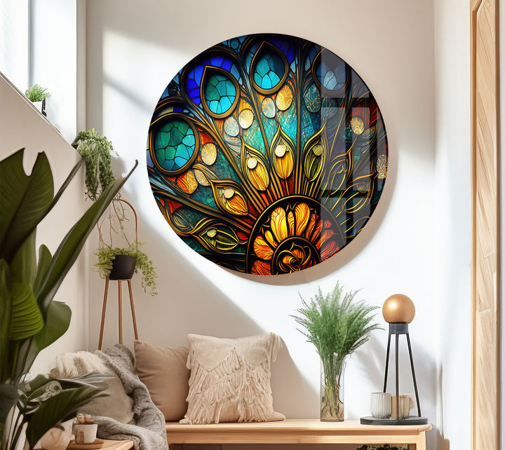 Buntglasfensterkunst – Elegantes gotisches Rosettenfenster-Design