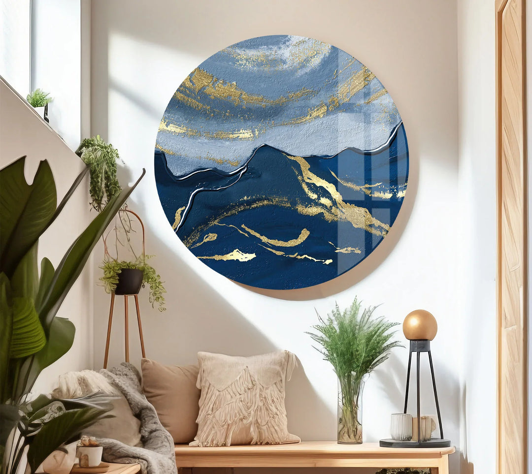 Navy Blue and Gold Abstract Landscape Wall Art – Elegant Glass Print for Modern Living Spaces - MyPhotoStation