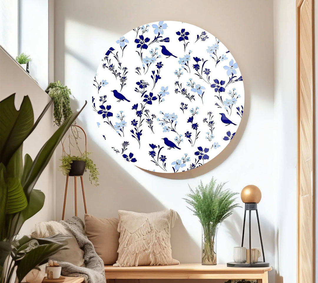 Blue Bird and Wildflower Pattern Wall Art – Elegant Floral Glass Print for Nature Lovers - MyPhotoStation