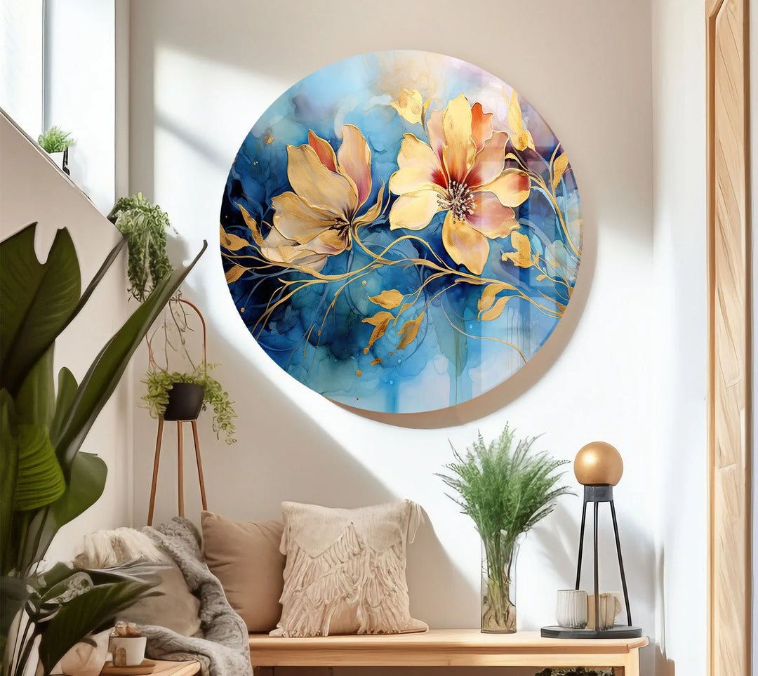 Golden Floral Fantasy Wall Art – Abstract Blue and Yellow Flower Glass Print for Elegant Interiors - MyPhotoStation