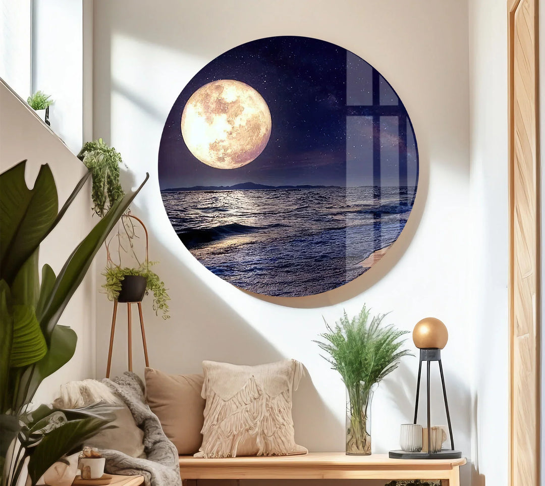 Moonlit Ocean Wall Art – Full Moon Over Waves Glass Print, Night Seascape Decor for Bedroom & Living Room - MyPhotoStation
