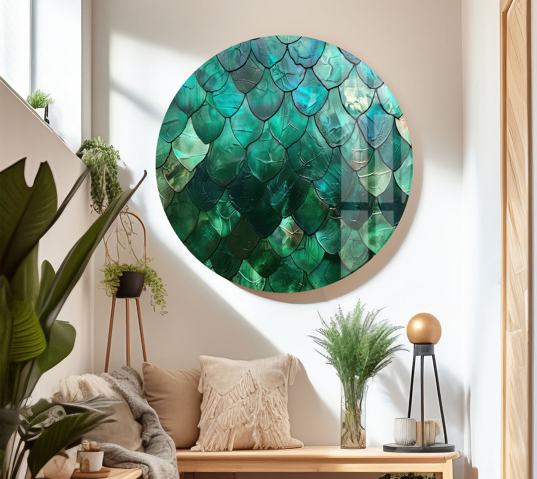The bold, shimmering emerald and teal abstract scale glass wall prints captivate the eye with their vibrant, layered texture.