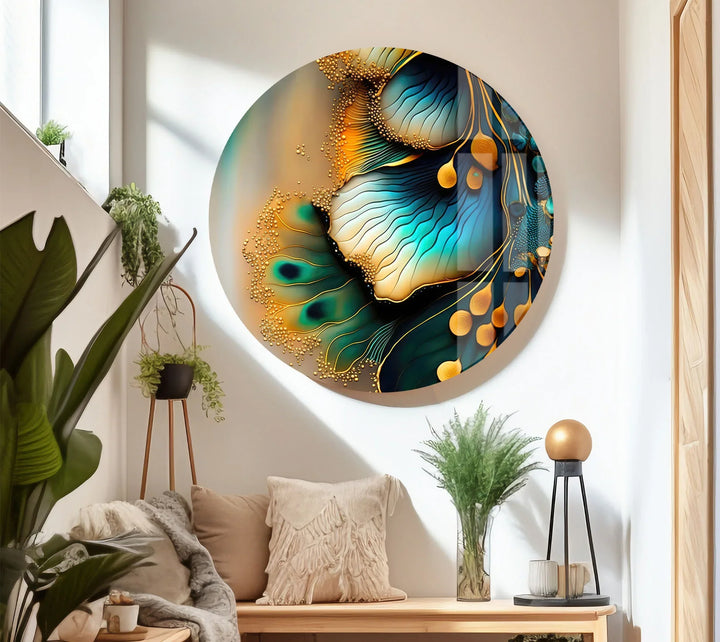 Teal Gold Abstract Floral Glass Wall Art – Elegant Botanical Flow Design - MyPhotoStation