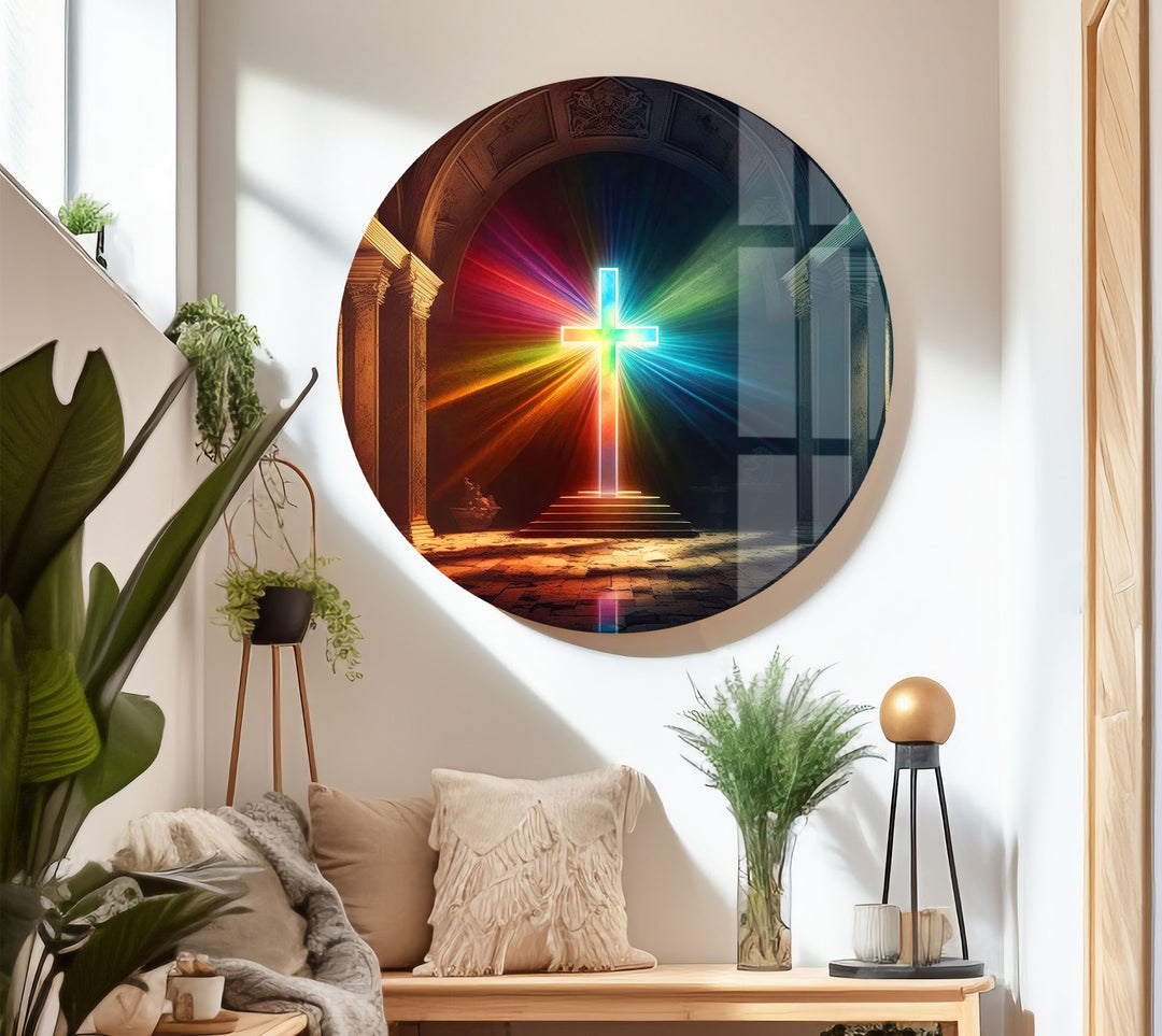 Radiant Cross Wall Art – Colorful Light Burst Christian Glass Print