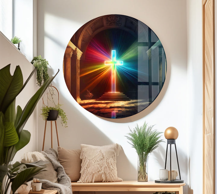 Radiant Cross Wall Art – Colorful Light Burst Christian Glass Print