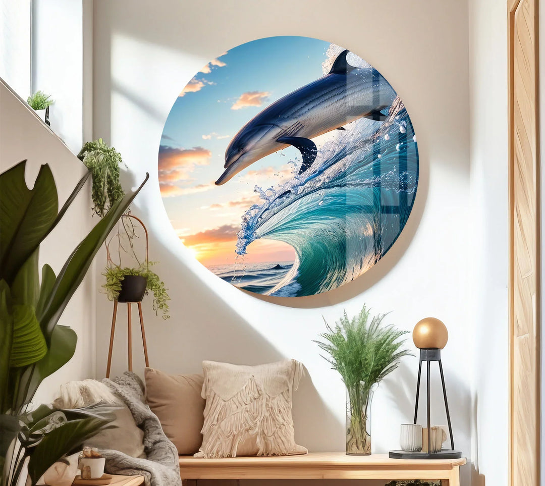 Jumping Dolphin Glass Wall Art – Ocean Wave Sunset Scene for Coastal Decor - MyPhotoStation