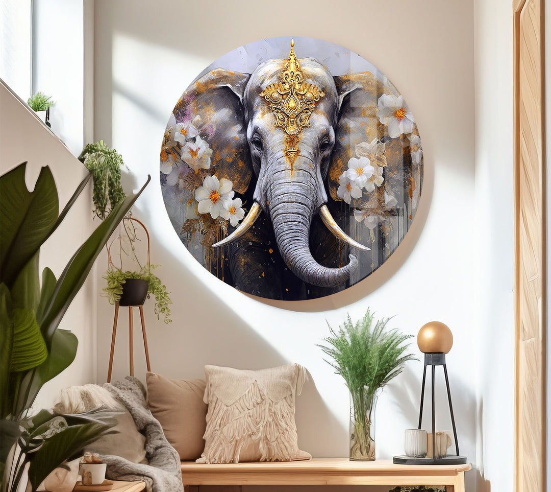 Regal Elephant Wall Art – Golden Floral Decor on Tempered Glass Panel