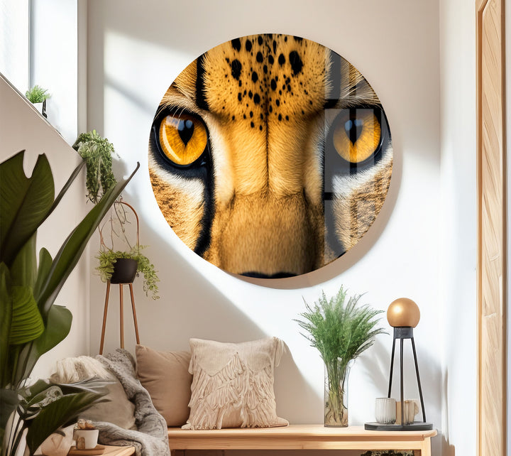 Golden Cheetah Eyes Wall Art – Bold Safari-Inspired Glass Print for Modern Interiors