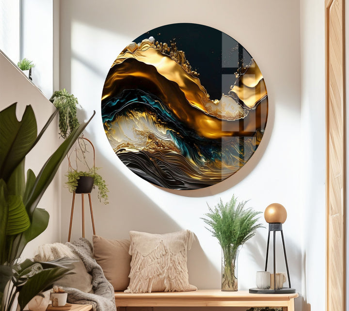 Golden Wave Abstract Wall Art – Luxury Glass Print for Interiors