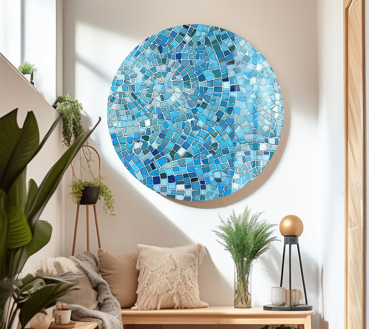 Aqua Blue Mosaic Glass Wall Art – Coastal Geometric Decor for Bathroom & Spa