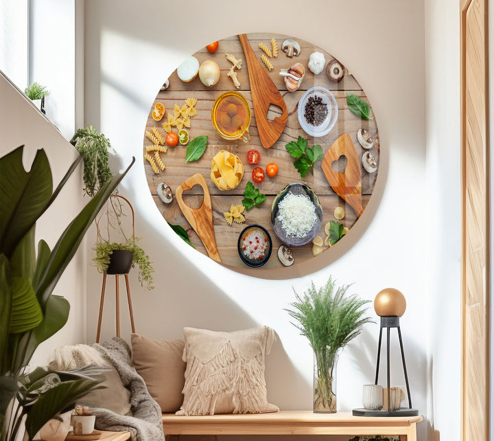 Rustic Italian Kitchen Wall Art – Culinary Glass Print Featuring Pasta, Spices & Wooden Utensils
