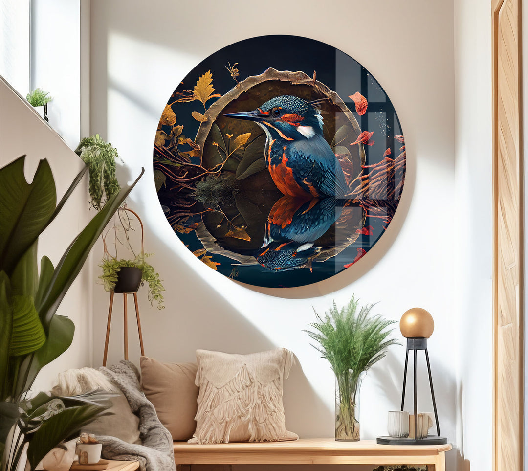 Eisvogel-Reflexion Wandkunst – Herbstwaldvogel-Glasdruck-Design