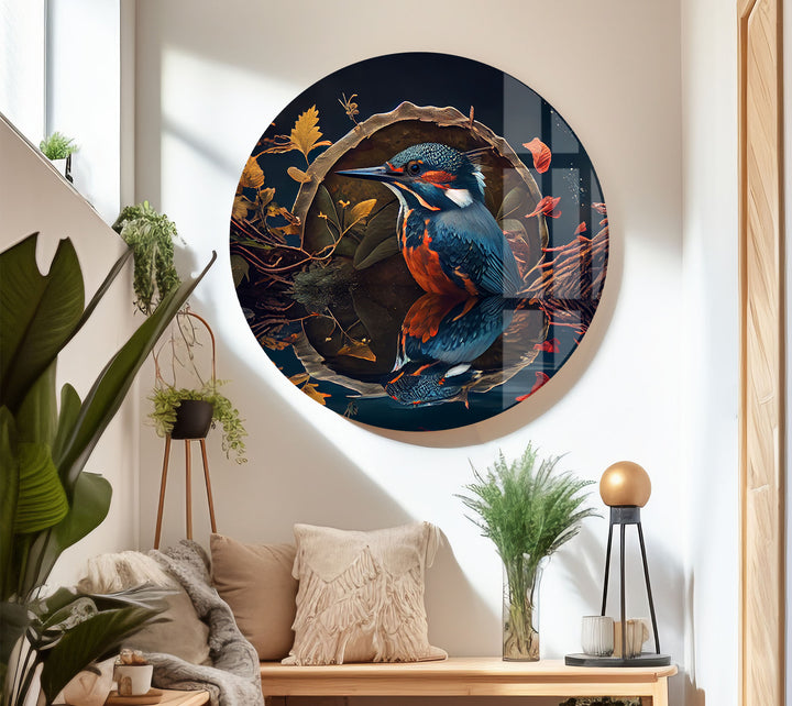 Eisvogel-Reflexion Wandkunst – Herbstwaldvogel-Glasdruck-Design