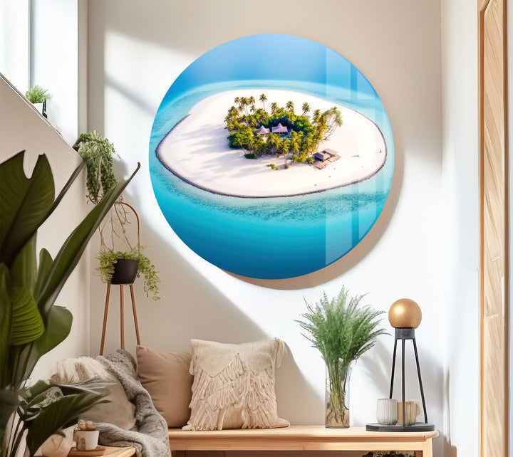 Tropical Island Wall Art – Aerial Beach Paradise Glass Print for Coastal Interiors