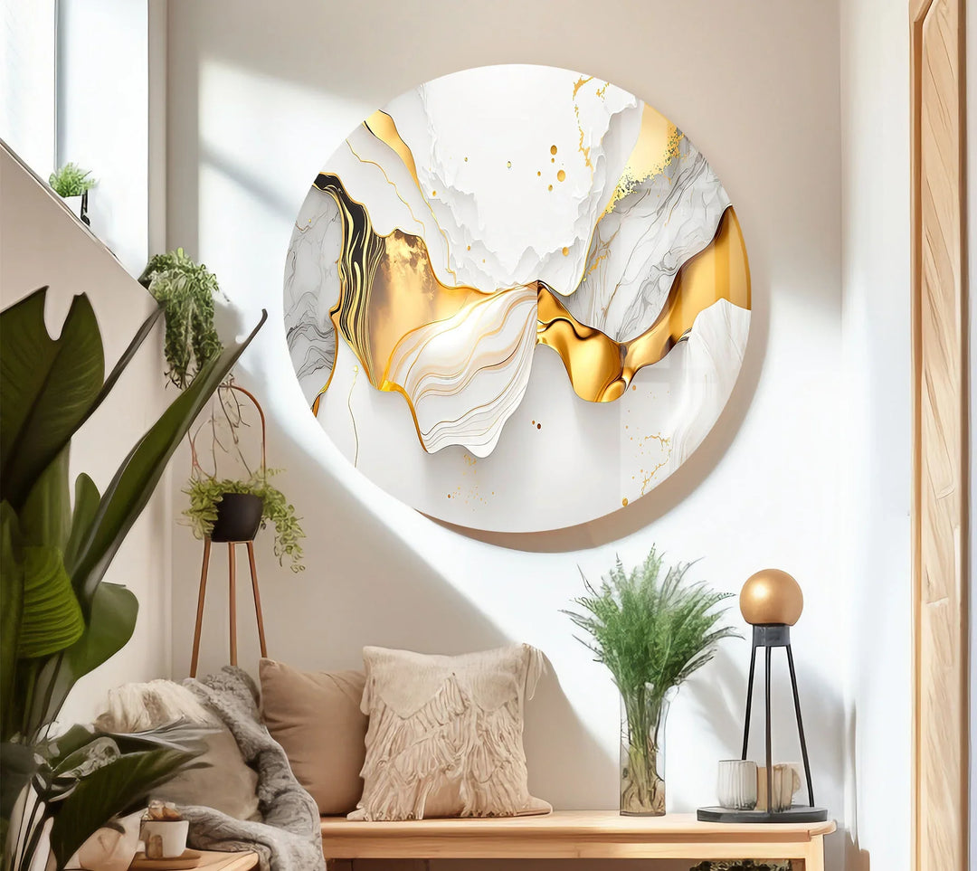White and Gold Abstract Wall Art – Luxury Fluid Marble Glass Print for Modern Glam Interiors and Chic Living Spaces - MyPhotoStation