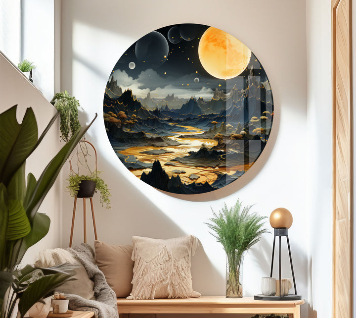 Fantasy Moonlit Landscape Wall Art – Surreal Glass Print with Golden River