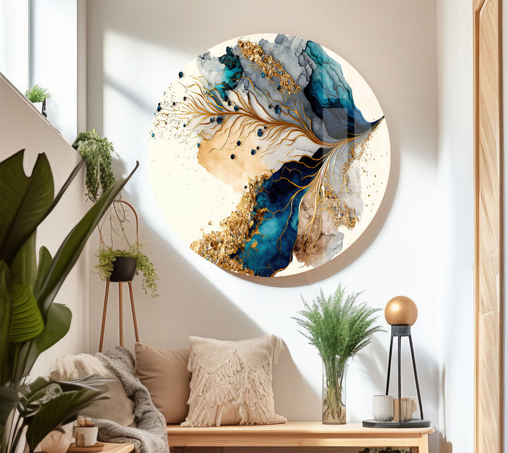 Abstrakte Glaswandkunst in Gold und Blau – Luxuriöses, modernes, fließendes Design