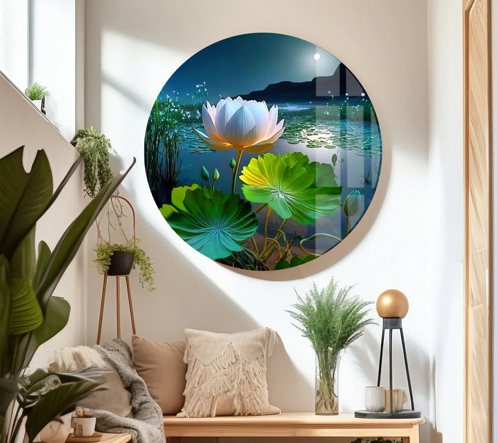 Moonlit Lotus Flower Glass Wall Art – Serene Night Lake Scene for Tranquil Home Decor - MyPhotoStation