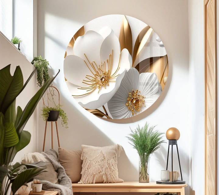 Elegant White and Gold Floral Wall Art – Luxury Botanical Glass Print for Sophisticated Decor