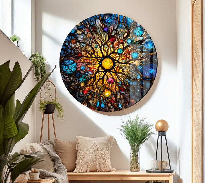 Celestial Stained Glass Wall Art – Cosmic Sunburst Galaxy Design