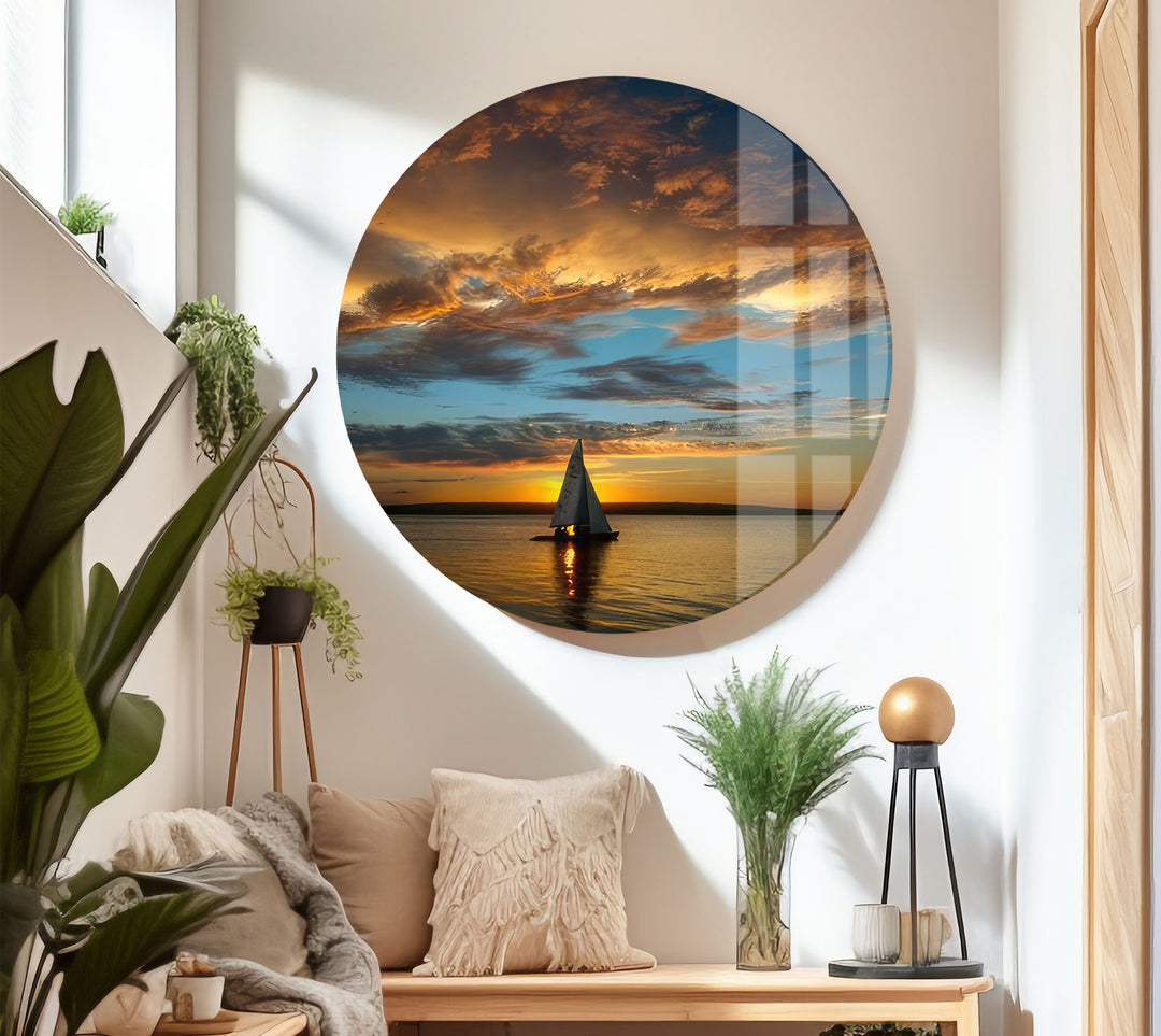 Golden Horizon Wall Art – Sailboat Sunset Glass Print