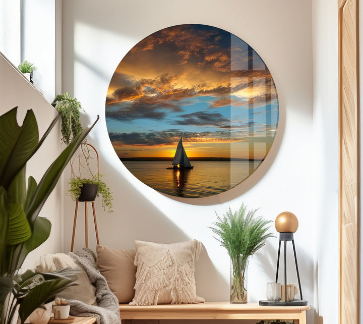 Golden Horizon Wall Art – Sailboat Sunset Glass Print