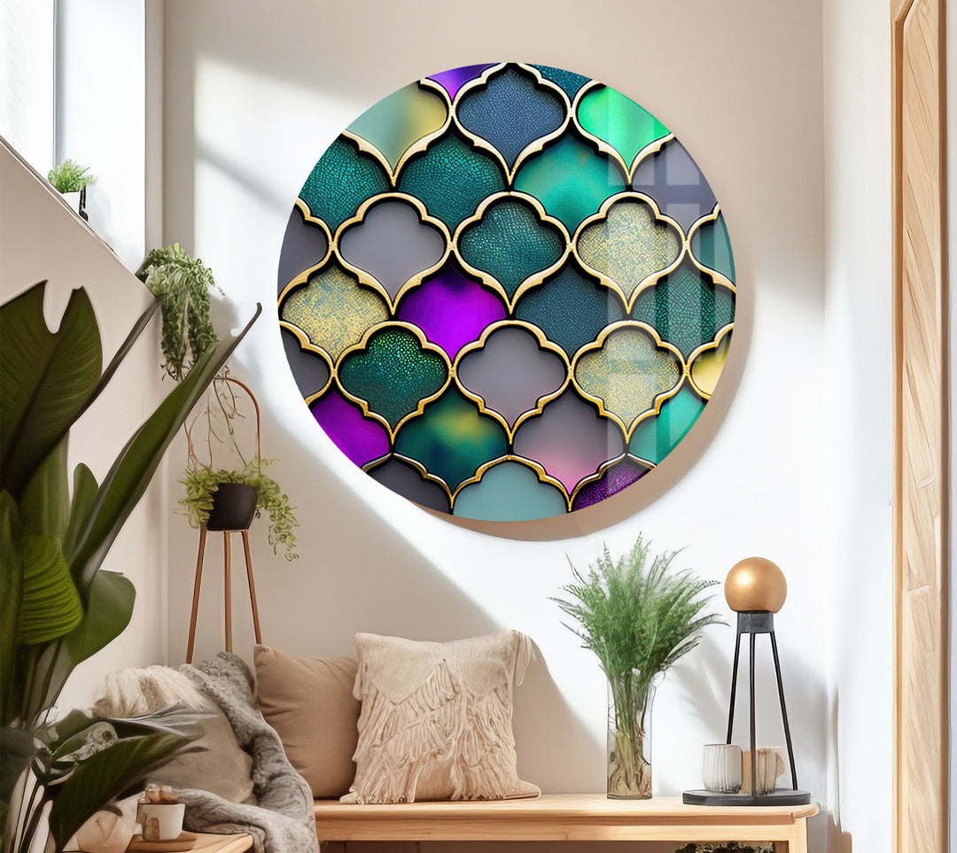 Moroccan Geometric Stained Glass Wall Art – Luxurious Gold & Teal Decor
