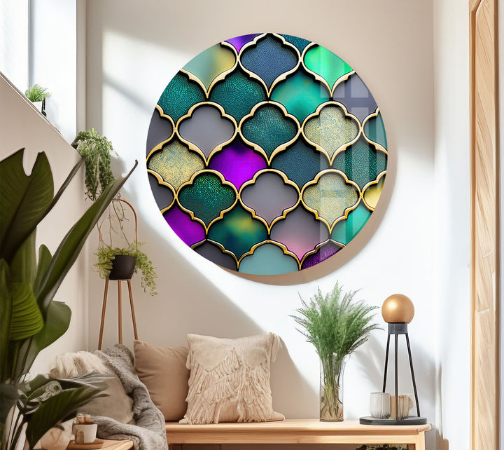 Moroccan Geometric Stained Glass Wall Art – Luxurious Gold & Teal Decor
