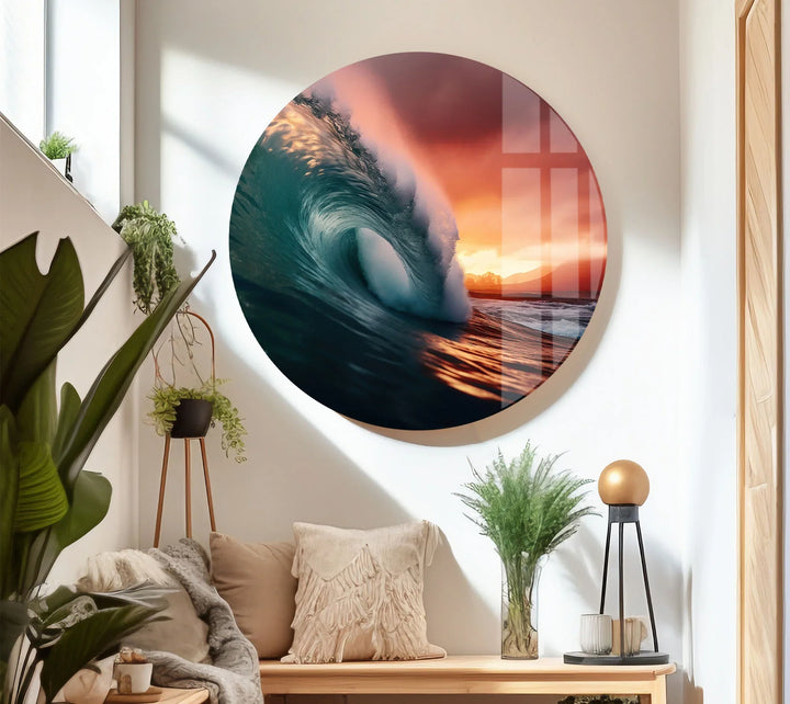 Sunset Barrel Wave Wall Art – Ocean Wave Glass Print for Coastal Home Decor - MyPhotoStation