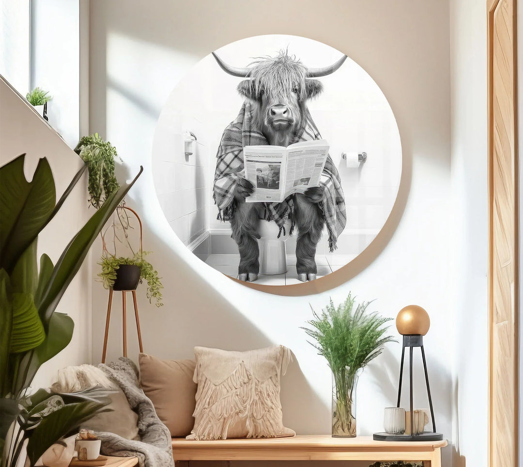 Plaid Highland Cow Bathroom Wall Art – Funny Black and White Glass Print for Rustic Decor - MyPhotoStation
