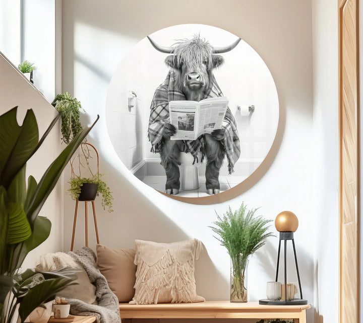 Plaid Highland Cow Bathroom Wall Art – Funny Black and White Glass Print for Rustic Decor - MyPhotoStation